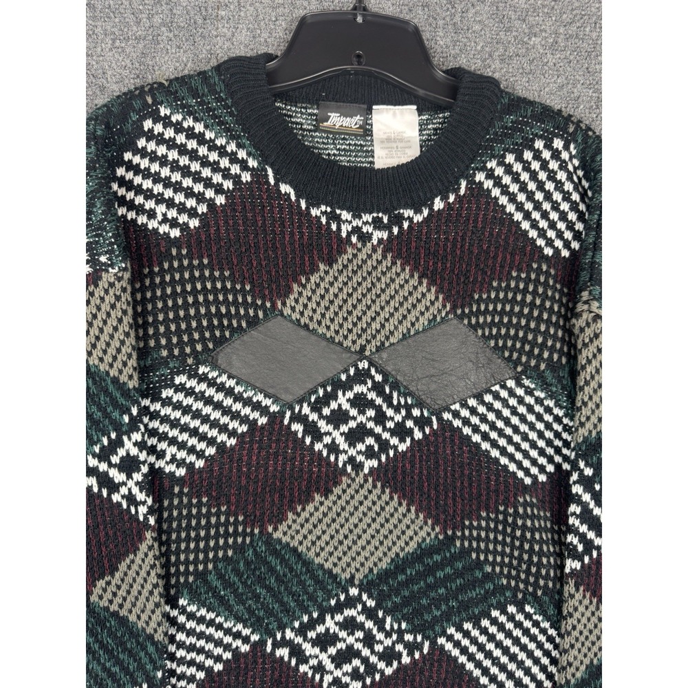 Vintage 90s Impact Leather Patch Geometric Multi-Color Sweater Grandpa Men's L - Picture 2 of 6